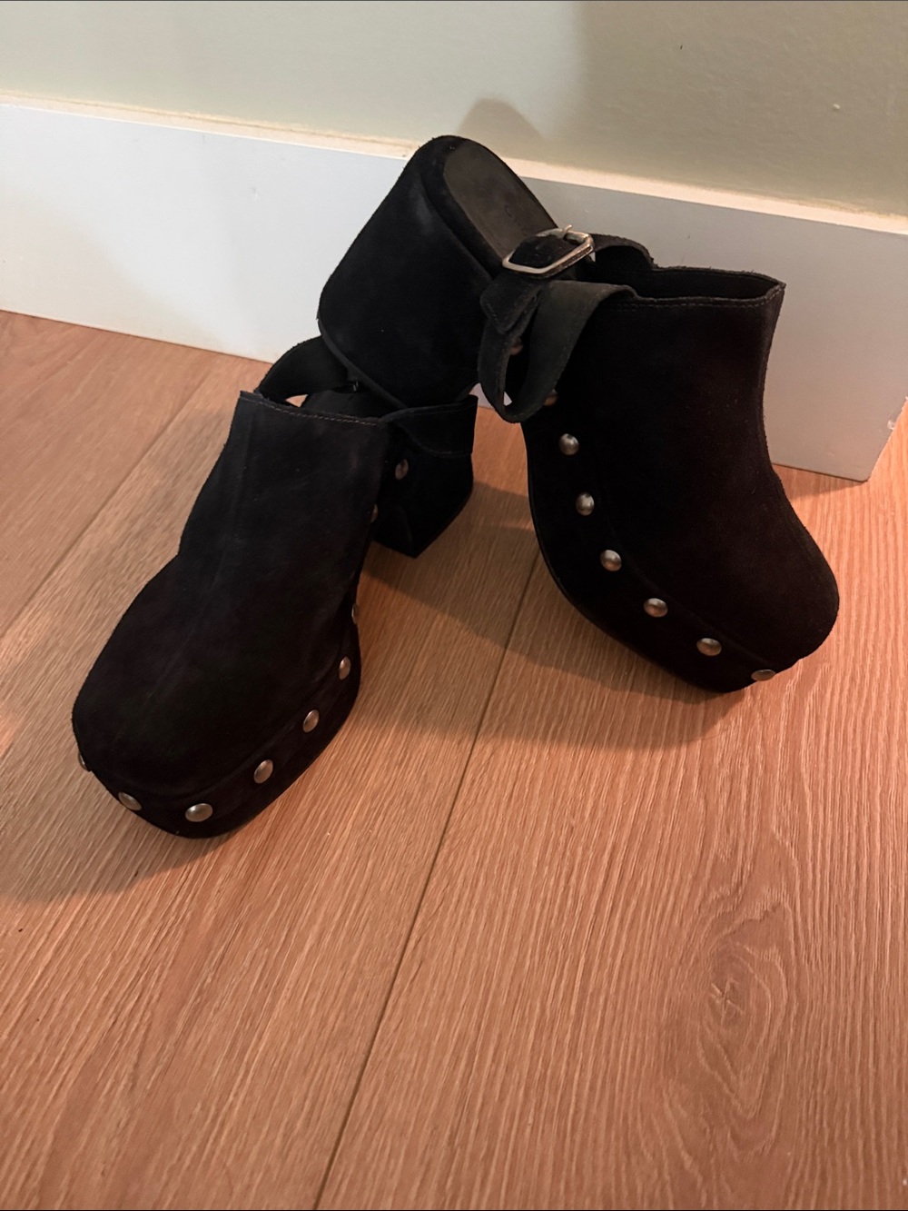 Chocolat Blu Black Suede Studded Platform Mules